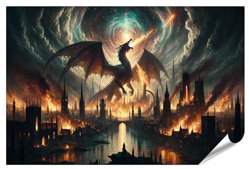 islandburner XXL Bild Poster Riesiger Drache zerstörerischer Angriff Feuernacht Premium Bilder Fotodruck