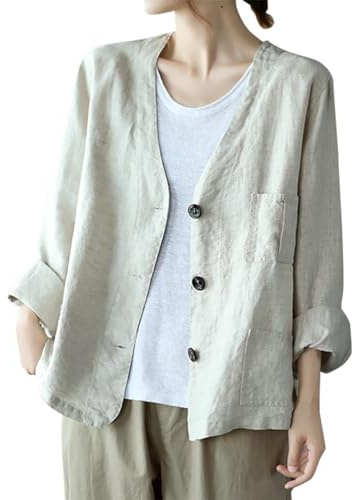 IDEALSANXUN Linen Blazer Women Casual Oversized Spring Jackets for Women 2025 Button Down Lightweight Summer Clothes Tops Cardigan Coat, Beige, L