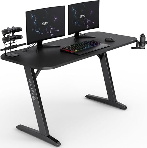 SENSE7 Schreibtisch Nomad Basic, Gaming Tisch 140x60, PC Tisch mit Kopfhörerhaken, Getränkehalter, Controller Halter, Gaming Computertisch mit Kohlefaseroberfläche, Ergonomischer Gaming Desk