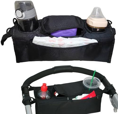 Syiyunran Pushchair Rear Tray Bag - Black 1 stück, Passend für die Meisten Kinderwagen und Regenschirm Kinderwagen, Hält Zwei Tassen oder Flaschen, mit Einem Reißverschluss in der mitte Organisator.