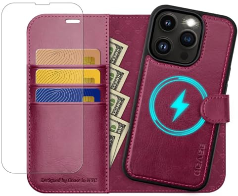 OCASE Abnehmbare Hülle iPhone 13 Pro Handyhülle 2-IN-1 [Magnetische Hülle] [Kabelloses Laden] [Displayschutz] [Kartenfach] RFID Schutzhülle Etui Klapphülle(2in1) Burgundy