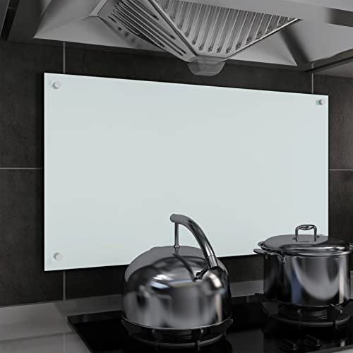 Sufrk Kitchen Backsplash White 90x50 cm Tempered Glass,Tempered Glass Splashback for Kitchen,Toughened Glass Heat Resistant Splashbacks for Cookers - Pre-Drilled Holes with Fixing