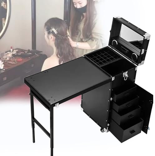 DPLWJPP Valigia Trucco Carrello in Alluminio,Scrivania Mobile Portatile Manicure,con Tirante,Portaoggetti,Tavolo Lavoro E Specchio,Lettore Bluetooth,per Scrivania Artistica Salone Spa,Black
