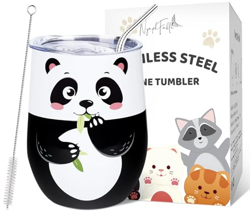 NymphFable 12oz/350ml Edelstahl Thermobecher Kaffeebecher to go, Panda Weinbecher Weinglas Mit Deckel und Strohhalm, Kaffee, Cocktails