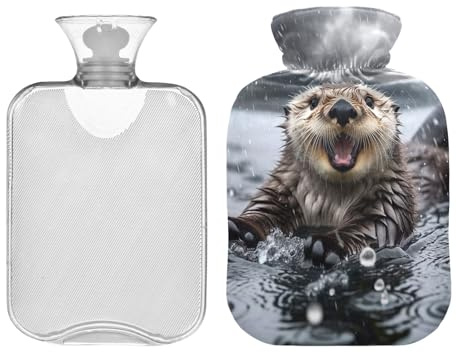 Funny Sea Otter im Regen Wärmflasche mit Samtbezug, 2L Transparenter Wärmbeutel für Menstruationskrämpfe, Nacken- und Schulterschmerzlinderung, PVC Hand Füße Wärmer