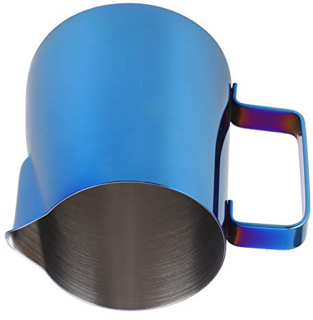 Jarra de espuma de leche, taza japonesa de acero inoxidable 304 con diseño de flores, 350 ml, jarra de vapor de acero inoxidable, para café, café moca, leche de teflón con escala, 350 ml, negro, azul,