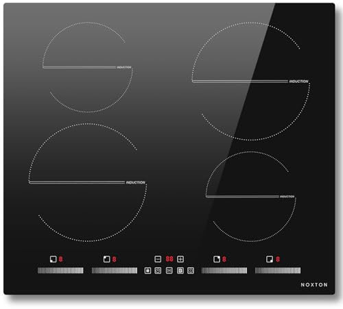 NOXTON Piano Cottura a Induzione 4 Fuochi, 7200W Piani Cottura Elettrico Domino Incasso, 60cm Piastra Induzione di Scivolo con Boost, Timer, Sensore Sicurezza Blocco, Senza Spina, Nero