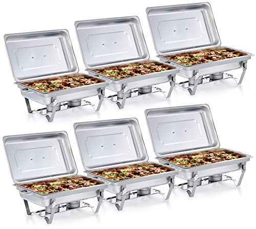 CREWORKS Chafing Dishes Food Warmers,9L Rectangular Stainless Steel Buffet Warmer with Pans Chafing Fuel, Chafing Dish Set 6 Packs for Buffets Caterings Parties Buffet Server Warming Tray (6Packs)