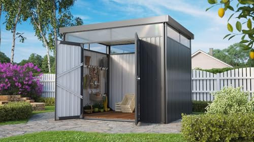 Pergart Gerätehaus Rheinfelden 108, Anthrazit Matt, 6,4 m², ohne Schleppdach | Wetterfestes & stabiles Gartenhaus | Geräteschuppen aus verzinktem Stahlblech | Metallgerätehaus zur Aufbewahrung
