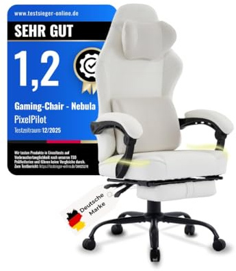 PixelPilot Gaming Stuhl Ergonomisch mit Fußstütze, Atmungsaktiver Stoff Gamer Stuhl, Bürostuhl mit Kopfstütze & Lendenstütze, Breite Sitzfläche, 150 kg (Weiß)