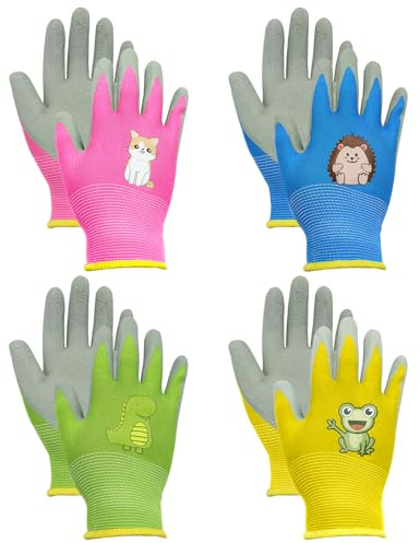 BORISCA 4 Paar Gartenhandschuhe Kinder, Cartoon-Muster, Verschleißfest, Rutschfest, Schutzhandschuhe für 7-10 Jahre, Mehrfarbig, Small