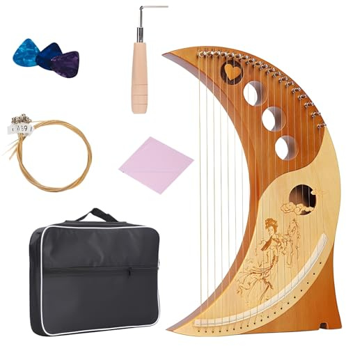 Harfe aus Massivholz mit 19 Saiten, elegantes geschnitztes Design, inklusive Stimmgerät und Zubehör, ideal für alle Altersgruppen, einfach zu spielen