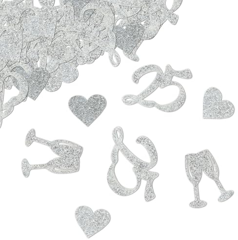 TUZELIYA Konfetti Silber Hochzeit Deko Tischdeko - 100 Stück Herz Silber Dekoration für Silber Hochzeit Deko, 25. Jahrestag Jubiläum Silberhochzeit Party Geschenke
