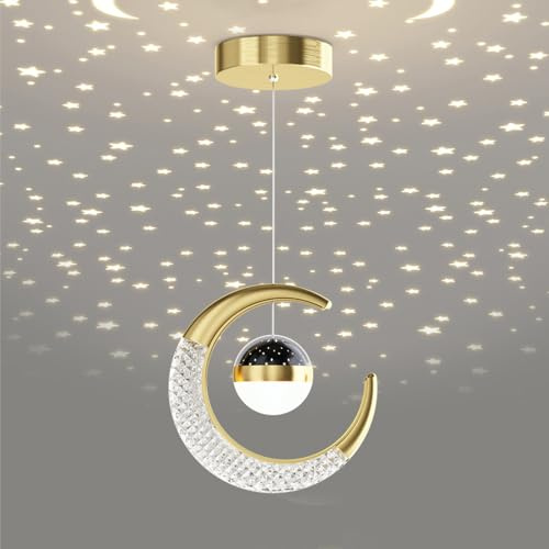 Mkichi LED Pendelleuchte Esstisch Schwarz,Kreative Hängelampe Schlafzimmer mit Mond und Sterne Sternprojektion Kinderlampe Deck,Esszimmer Lampe Hängend Modern für Wohnzimmer Küche (Gold)