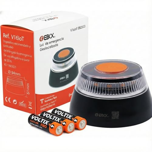 EBOX Luz Emergencia V16 Geolocalizada V16loT. Homologada DGT con Geolocalización, Baliza Coche Conectada DGT 3.0, Datos Incluidos hasta 12/2038,