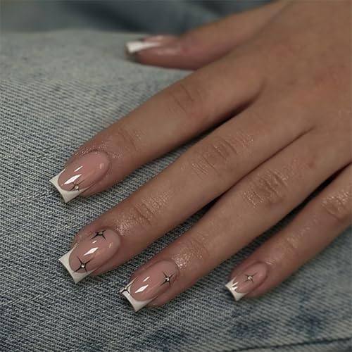 Nymora 24 Ongles Press - on Carrés French Courts - Faux Ongles à Lignes Pailletées Argent, Set de Port Jelly Gel pour Femmes