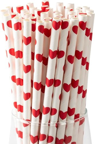 Lot de 100 pailles en papier avec cœurs rouges sur blanc biodégradables pour cocktail, mariage, Saint-Valentin (21 cm de long, 6 mm de diamètre)