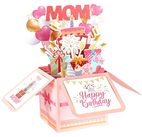 Happy Birthday Mom Pop up Biglietto, Biglietto Compleanno 3D Mamma Palloncini Colorati e Fuochi Artificio Torta Scatola Regalo con Busta Biglietti d'Auguri Creativi Popup per Matrigna Madrina