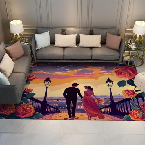 OLLIAR Home Alfombra ilustración romántica Chic Pareja Caminando en el Puente Amor decoración estética alfombras Colorido Lavable Pelo bajo para Sala Estar 120x180cm