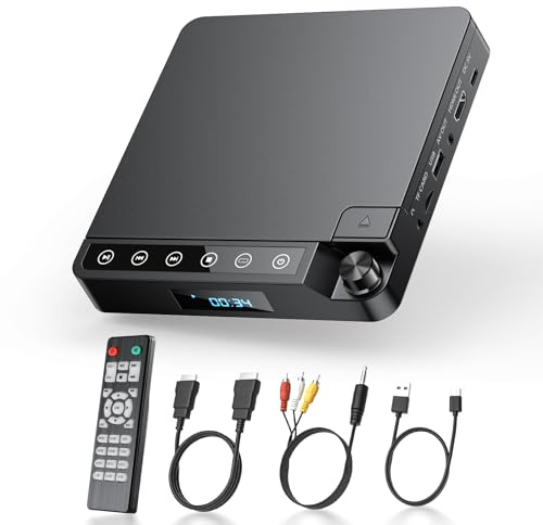 Desobry Lecteur DVD pour TV 1080P, Lecteur DVD HDMI/AV et USB/Carte TF, Câble et Télécommande, Mini CD Player Couverture multizone, avec Fonction de dernière mémoire - Nouveauté