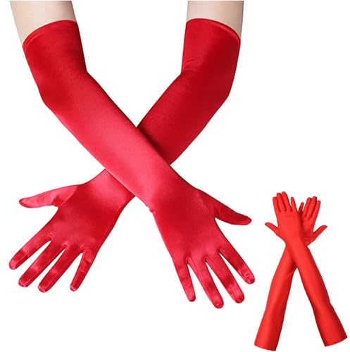 1 Paar Rote Handschuhe Lang,Handschuhe Elegant Damen,Rot Lange Gloves,Satin Classic Abendhandschuhe Kleiderhandschuhe,1920er Seidenhandschuhe für Opernpartys Halloweenkarneval Kostüm,Stoffhandschuhe