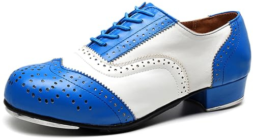 Hiuzylqx Herr Steppskor Läder Låg Klack Brogue Snörning Dansskor Bekväma,White blue,43 EU