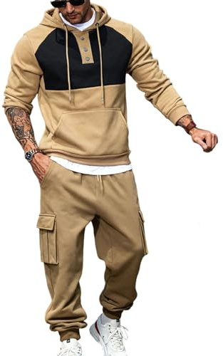 WAZHAKU Tuta termica da jogging da uomo, in pile, con cappuccio, invernale, con cappuccio, da jogging, set da 2 pezzi, tuta sportiva da lavoro, casual, a maniche lunghe, per il tempo libero, R kaki