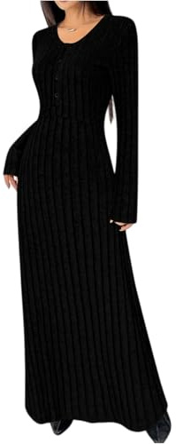 Stickad klänning dam lång vinterklänning dam elegant tröjklänning varm maxi a linje curvy stickad tröja V-ringad höstklänning ribbad långärmad vinterklänning, svart, S