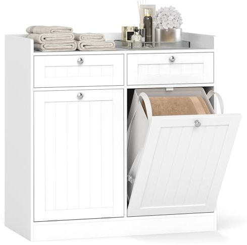 FANTASK Badschrank mit Wäschekorb, freistehender Wäscheschrank mit Regal & 2 Fächern, Badezimmerschrank mit Griffen, moderner Badmöbel für Badezimmer, Weiß (79 x 40 x 80 cm)
