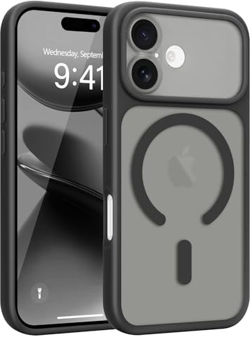Wirvyuer per iPhone 16 Cover Compatibile con Magsafe, Protezione Della Fotocamera Transluzente Cover Resistente Traslucido Custodia Magnetica per iPhone 16 Case, Nero
