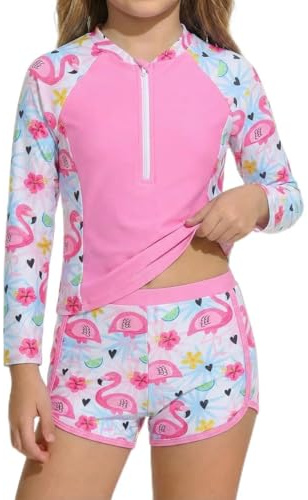 JiAmy Girls Swimsuit 2 Piece Rash Guard Set Long Sleeve UV Sun Protection Swimwear with Shorts Half Zip Mermaid Unicorn Flamingo Floral Bathing Suit 4-5 Years,Pink-Flamingo