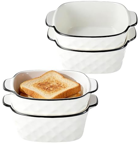 Xtrillogen 4er Set Keramik Auflaufform, 400ML Auflaufform Klein,Quadratische Backformen, Grillpfanne mit Griffen, Kleine Backform für Airfryer, Backofen (Rautenquadrat)