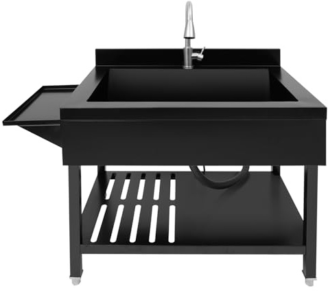 KKVUIIFF Freistehende Edelstahl Spültisch, Großer Gewerbliche Spülbecken | Küchenspüle mit Wasserhahn & Ablassvorrichtung, bis Tragfähigkeit 150kg, 90 x 57 x 94 cm (Schwarz)