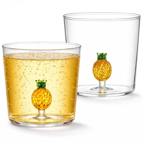 Yaryang Set 2 Bicchieri in Vetro 300 ml con Ananas 3D Interna – Bicchiere Trasparente in Borosilicato Resistente al Calore, Senza Manico, per Acqua, Succo e Caffè, Idea Regalo per Donna