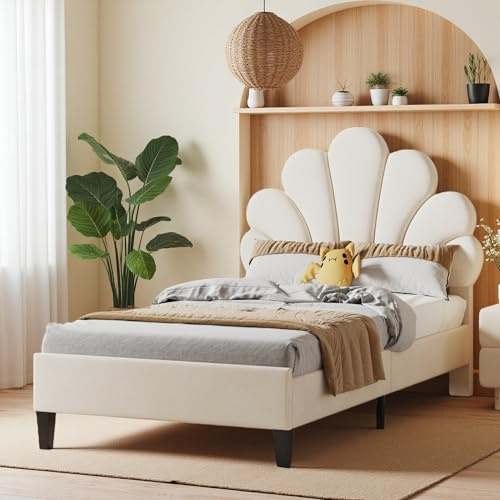 DULRLLY Rembourrerad enkelsäng 90x200, barnsäng för flickor med höjdjusterbar gavel i blomform, ribbotten, enpersonssäng för flickor och tonåringar, sammet, beige.