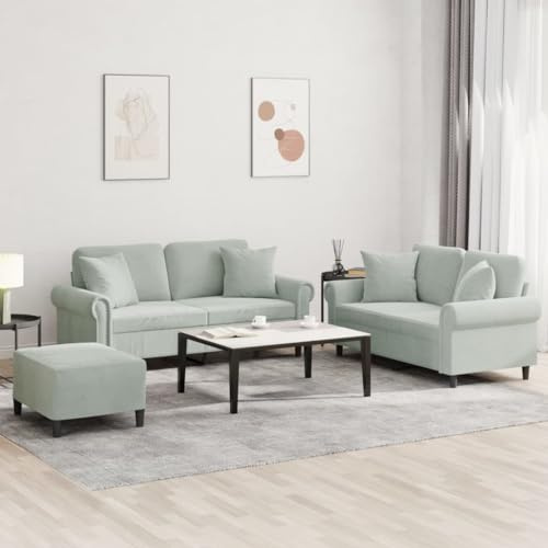 Keeushr 3-TLG. Sofagarnitur mit Kissen Hellgrau Samt und Sitzbank Polstergarnitur für Wohnzimmer mit bequemer Polsterung und robustem Gestell