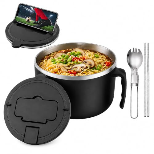 1200ml Noodle Bowl, Stainless Steel Ramen Bowl with Filterabl Lid, Black | Insulated Rapid Cooker with Folding Spoon, Chopsticks, Handle, Phone Holder, Portable Soup Bowl for Dorm, Home, Office