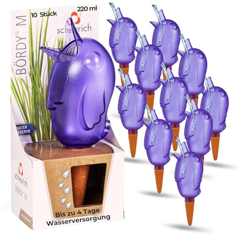 Scheurich Wasserspender Bördy M | 10 x Lila | 220ml Füllmenge | Bewässerungskugel klein mit Ton Fuß | Wasserspender Pflanzen und Blumen Terrakotta Stiel