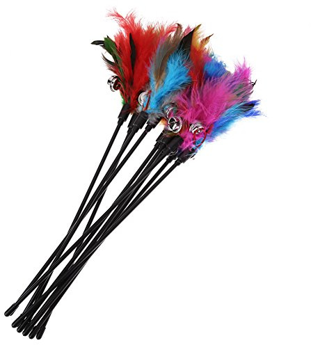 Poggapp Jouet Interactif pour Chat - Bâton Coloré avec Plumes et Cloches - Lot de 5 Couleurs Aléatoires