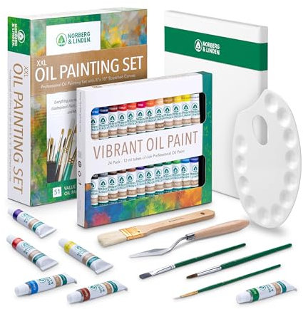 Set Pittura ad Olio XXL, 24 Colori ad Olio, 25 Pennelli, 1 Tavolozza e 1 Tela, Prodotti Professionali per Pittura ad Olio per Adulti e Bambini, Ottimo Regalo per Artisti