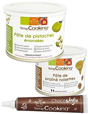 Pasta de pistachos 200 g + Pasta de avellanas 200 g + Tubo de chocolate para decorar