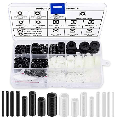 960-teiliges Nylon-Unterlegscheibensortiment, 16 Größen, Unterlegscheiben für Schrauben, metrische Unterlegscheiben, Kunststoff, flache Ringscheiben, Set mit Kunststoff-Box, weiß/schwarz