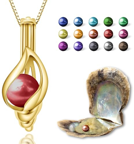 Wunschperlen Perlenkette Damen Schmuck Set - Muschelkette Gold und Muschel mit Perle - 18k Vergoldet 925 Silberkette Damen mit Anhänger und Echte Perle in Muschel - Schmuckset Gold Geschenk für Sie