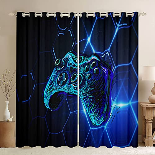 Tende per finestre con giochi di gioco, per camera da letto, soggiorno, gamepad, tende per bambini, ragazzi e ragazze, motivo: giochi blu, tendaggi per finestre a nido d'ape, 116,6 x 137,2 cm (larghe