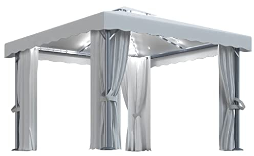 vidaXL Tonnelle avec Rideau et Guirlande Lumineuse à LED Belvédère de Jardin Pavillon d'Extérieur Tente de Réception Chapiteau Barbecue 3x3 m Blanc Crème