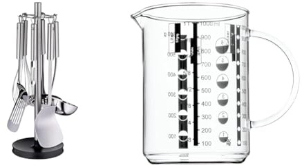 WMF Profi Plus Küchenhelfer Set 7-teilig, Ständer mit 6 Helfern, Schöpflöffel, Schaumlöffel, Wokwender & Gourmet Glas Messbecher 1l, hitzebeständiges Glas, Skalierung für Liter, Milliliter