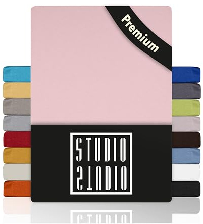 STUDIO Premium Spannbettlaken 90x200cm, 90x220cm, 100x200cm & 100x220cm – Jersey-Spannbetttuch aus 97 % Baumwolle & 3 % Elastan – Puder – Öko-Tex Zertifiziert, bügelfrei – für Matratzen 15–35cm