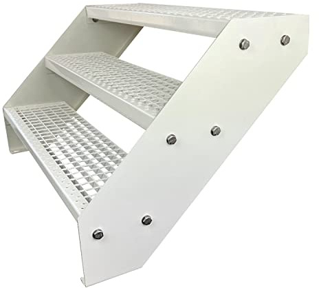 Kaminbau Mierzwa Premium Stahl Treppe Verzinkt & komplett Weiß Pulverbeschichtet 3 Stufen (Breite 100 cm) (Höhe 57 cm) Wetterfest Gitterroststufe Gartentreppe