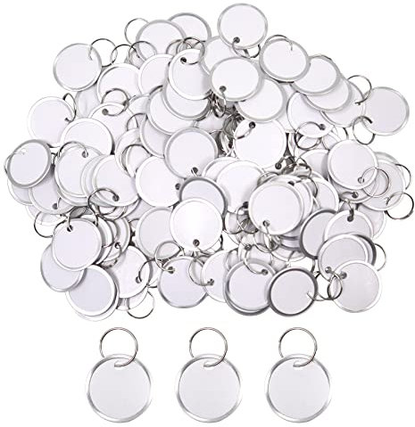 100 Stück Metallfelgen-Schlüsselanhänger mit Spaltringen, 31 mm, rundes Papier-Schlüsselanhänger, weiße Schlüsselanhänger mit Aluminiumkanten (weiß)