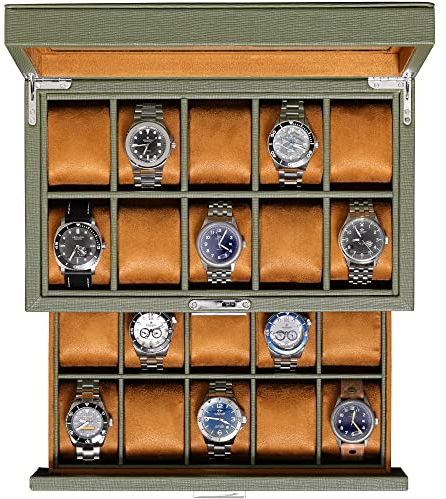 ROTHWELL Uhrenbox aus Leder mit 20 Fächern, luxuriöses Uhrengehäuse, Schmuck-Organizer, verschließbarer Uhren-Vitrinen-Halter mit großer Echtglas-Oberseite, Uhrenbox, Organizer für Damen und Herren